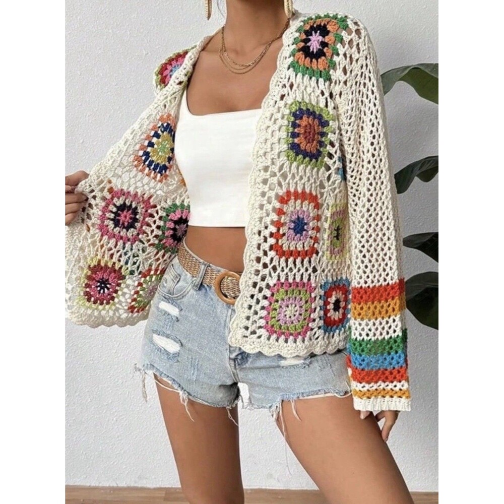 Granny Square Crochet Cardigan Sweater Hippie Boho Coachella Festival Size Large